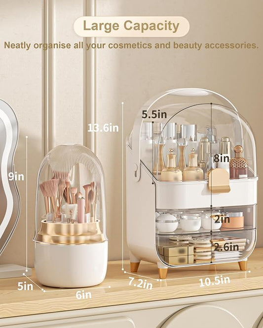 Makeup Organizer Countertop, Skincare Holder Bathroom Counter Organizer, Storage Box Cosmetic Display Cases, Teen Girl Gifts Make up Organizers (White/Brush)