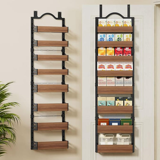 8-Tier Pantry Door Organizer, Over the Door Pantry Organizer with Wooden Adjustable Baskets, 2 IN 1 Spice Rack Wall Mount or Door Organizer, Door Spice Rack（12.4"W x 5.5"D x 66.1"H,1 Pack, Black)
