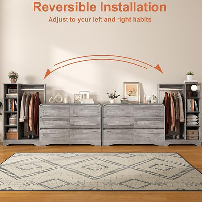 Dresser with Clothes Hanging Rack, Pre-Installed Slides for Fast Installation, 3-in-1 Wardrobe Closet with Drawers and Shoe Shelves, Modern Wood Storage Armoire for Bedroom, Grey