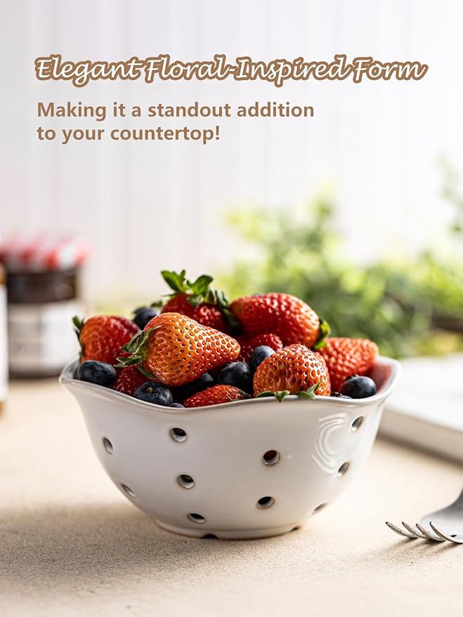 Gomakren Ceramic Berry Basket Set of 2, Elegant Fruit Basket Container 6 Inch, Fruit Bowl with Holes for Kitchen Counter, Berries, Strawberry, Grape, Cherry, Floral Shape - White