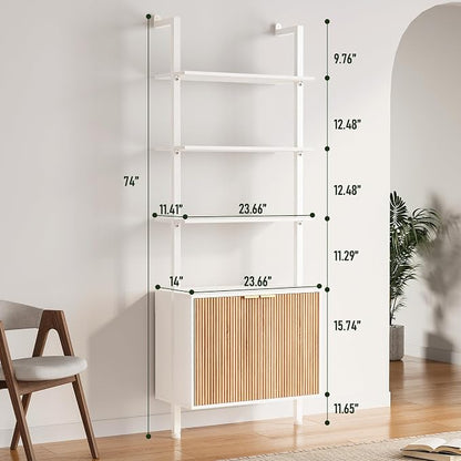 INNOD 74" Tall Bookshelf with Storage Cabinet, Modern Ladder Shelf with Wood and Metal Frame, Wall Mount Bookcase Open Display Shelf Furniture for Living Room, Bedroom, Home Office, White and Oak