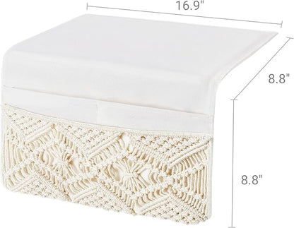 Mkono Macrame Bedside Caddy Storage Organizer Boho Remote Control Tablet Magazine Holder with 4 Pockets Non-slip Countertop Bedside Caddy for Home Bedroom Living Room College Dorm Bed, Ivory, Large