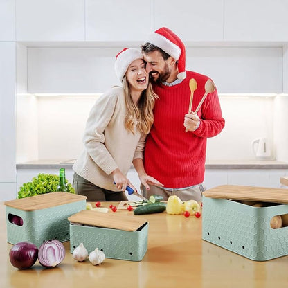 Kitchen Vegetable Storage Set of 3, Metal Onion Garlic Potato Storage Set, Kitchen Canisters Vegetable Keeper Containers with Aerating Holes and Bamboo Lid,Embossed Saga Green