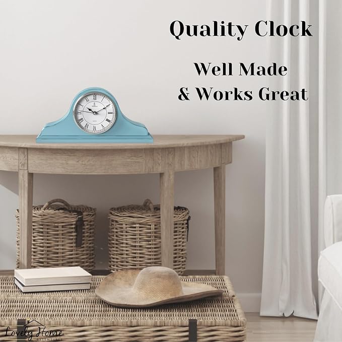Mantel Clock Battery Operated - Wooden, Rustic Teal Mantle Clock for Living Room Decor Above Fireplace Mantel, Office, Shelf & Home Décor Gift 15x7.5 - Silent Wood Mantel Clock for Living Room Table