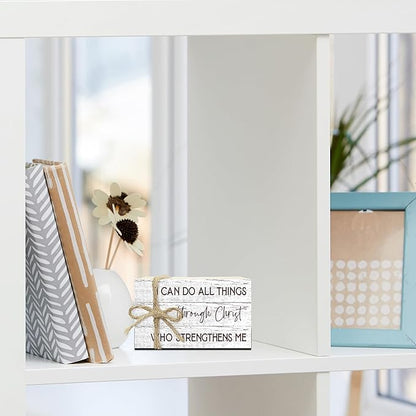 Decorative Books For Home Decor, Wood Book Stack For Table Decor, I Can Do All Things Through Christ Who Strengthens Me Decor Books For Office Shelf, Christian Farmhouse Stacked Books Decor (L23)