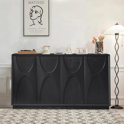 Sideboard Buffet Cabinet, Accent Storage Cabinet with 4 Doors and Adjustable Shelf, Farmhouse Mid Century Modern Buffet Sideboard for Living Room, Kitchen, Entry (Black)