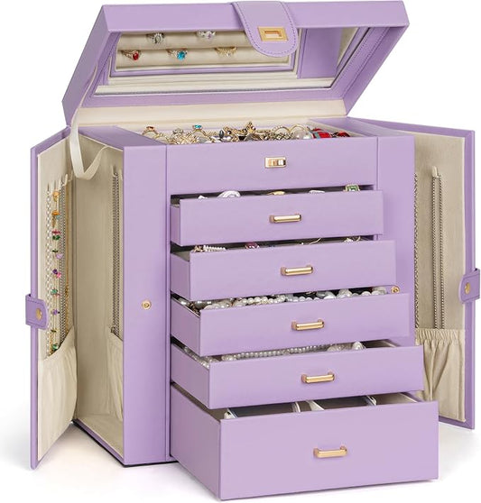 AKOZLIN 6-Tier Jewelry Box Organizer Functional 5 Drawers Leather Jewelry Storage Case for Women Girls Ring Necklace Earring Bracelet Holder Organizer with Mirror Extra Large Violet