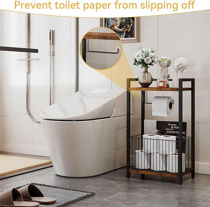 IBUYKE Freestanding Toilet Paper Holder Stand with Storage Shelf,Bathroom Toilet Tissue Roll Dispenser with Extra Space for Rolls, Magazines, Wet Wipes Brown TLJ020H