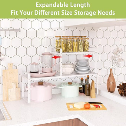 Across-Star Expandable Cabinet Shelf Organizer Rack, Stackable Kitchen Counter Storage Shelves Stand, Adjustable Height Pantry Shelf Spice Rack (White, 1 Pack)