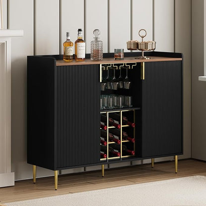 ARTPOWER 48" Wine Bar Cabinet with Fluted Texture, Modern Buffet Sideboard with Wine Rack and Glass Holder, Liquor Coffee Station with Storage for Kitchen, Living Room, Home Bar, Black