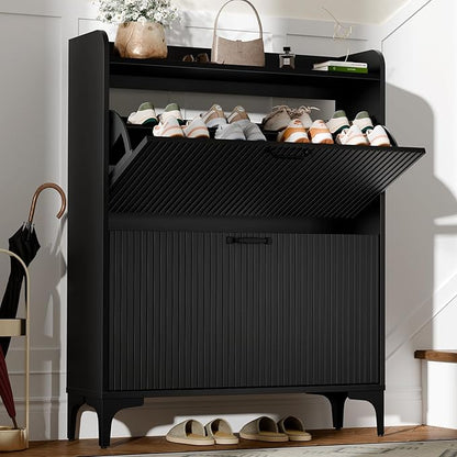 HIFYOBRO Fluted Shoe Cabinet with 2 Flip Drawers, Hidden Shoes Storage Cabinet, Modern Shoe Rack Organizer, Freestanding Narrow Shoes Organizer for Hallway, Entryway (Black)