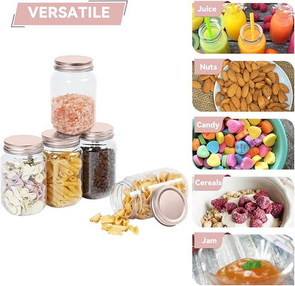 novelinks 16 oz Clear Plastic Jars with Lids, Refillable 16oz Mason Jars with Lids & Storage Containers for Kitchen & Household Use (24 Pack,Rose Gold)