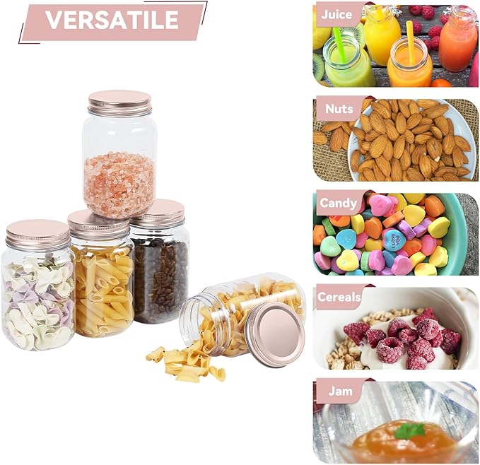 novelinks 16 oz Clear Plastic Jars with Lids, Refillable 16oz Mason Jars with Lids & Storage Containers for Kitchen & Household Use (10 Pack,Rose Gold)