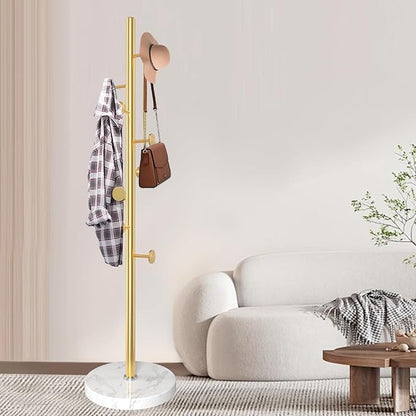 Modern Metal Coat Rack Stand, Coat Rack Freestanding with Natural Marble Base, Sturdy Heavy Duty Coat Racks with 8 Hooks, Golden Coat Hall Tree Stand for Entryway, Office