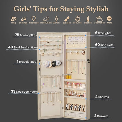 DUMOS Jewelry Armoire Cabinet with Full Length Mirror, 47.2" Tall Wall Mounted or Over the Door Jewelry Organizer with 33 Necklace Hooks, Lockable Large Capacity Jewelry Armoire with Drawers, Khaki