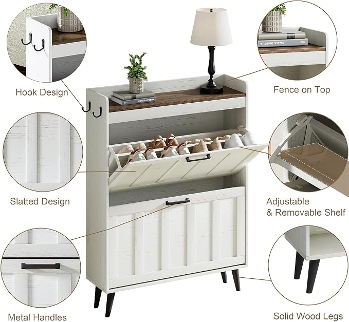 ChooChoo Shoe Storage Cabinet with 2 Flip Drawers, Farmhouse Shoe Organizer Storage for Entryway, Freestanding Hidden Slim Narrow Shoe Rack Cabinet, Antique White & Brown