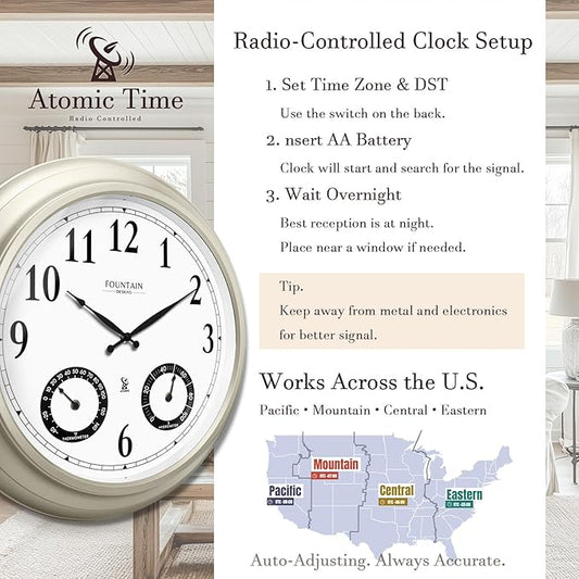 20" Evander Outdoor Atomic Clock with Thermometer & Hygrometer, 3 in 1 Weather Stations, Large Wall Clocks for Living Room Decor,Modern Farmhouse Home Decor (Morning Silver)