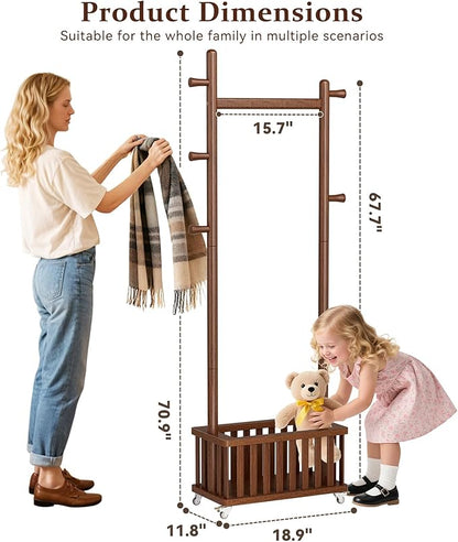Solid Wood Coat Rack Clothes Rack, Coat Rack Freestanding with Storage Basket and 5 Hooks, Heavy Duty Coat Tree for Entryway, Living room, Coat Hanger Stand for Hats, Bags Clothes