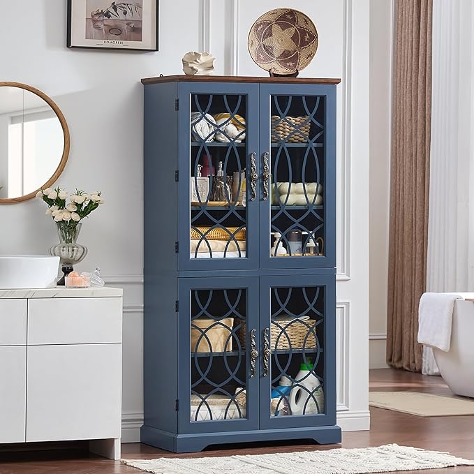67" Tall Pantry Cabinet Set of 3, Vintage Kitchen Pantries Cabinets with Glass Doors & Adjustable Shelves, Wood Cupboard with Large Storage for Dingning Room, Bathroom, Navy Blue