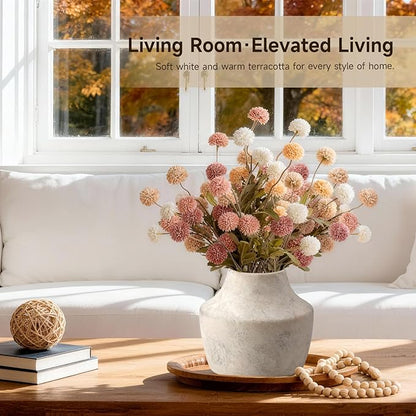 Ceramic Flower Vase with Handles – 5.31 Inch Tall Rustic Farmhouse Centerpiece Vase, Distressed Terracotta Style Decorative Vase, Living Room, Dining Table, Entryway & Fireplace Home Decor, White