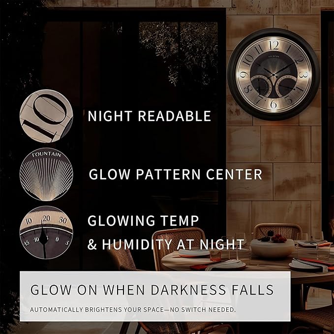 18 Inch Illuminated in/Outdoor Clock with Smart Sensor and Night Light, Waterproof, Large Wall Clock with Thermometer & Hygrometer for Patio,Pool and Garden Decor,Oil Rubbed Bronze