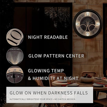 18 Inch Illuminated in/Outdoor Clock with Smart Sensor and Night Light, Waterproof, Large Wall Clock with Thermometer & Hygrometer for Patio,Pool and Garden Decor,Oil Rubbed Bronze