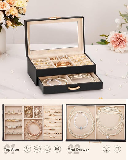 Jewelry Box with 1 Drawers: Display Organizer for Earrings Necklaces - Gifts for Girls Women (Black)