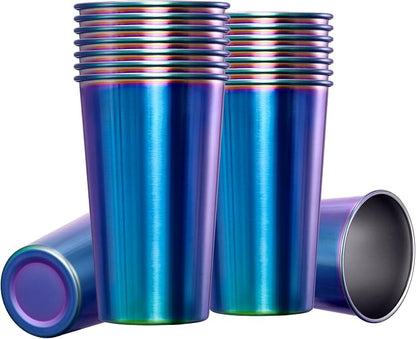MEWAY 16 Pack 24oz Stainless Steel Pint Cup,Healthy Unbreakable and Stackable,Metal Drinking Glasses，Beer Glasses（Rainbow）