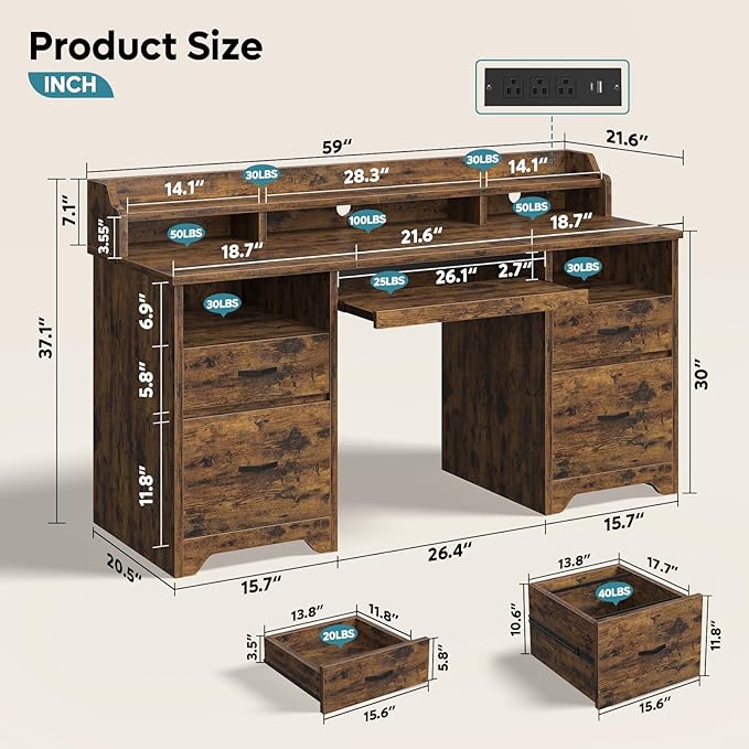 Bestier Farmhouse 59" Executive Desk with Drawers, Wood Computer Desk with Charging Station, Home Office Desk with Keyboard Tray & Monitor Stand, Sturdy Pedestal Desk for Work Study, Rustic Brown