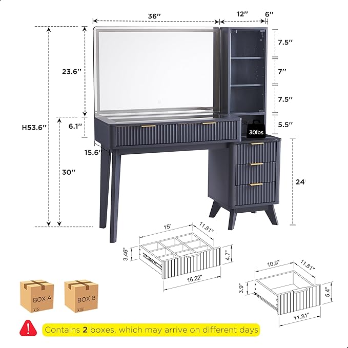 T4TREAM 48" Fluted Makeup Vanity Desk with Large 36" Mirror and Lights, Modern Glass Top Big Vanity Table with 5 Drawers & Adjustable Shelf, Dressing Table w/Charging Station for Bedroom, Dark Grey