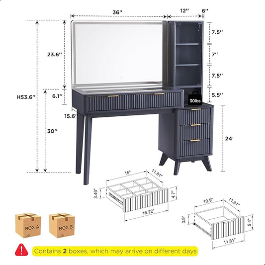 T4TREAM 48" Fluted Makeup Vanity Desk with Large 36" Mirror and Lights, Modern Glass Top Big Vanity Table with 5 Drawers & Adjustable Shelf, Dressing Table w/Charging Station for Bedroom, Dark Grey