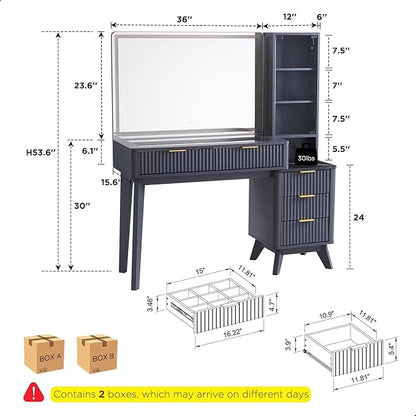 RedLemon 48" Fluted Vanity Desk with 36" Large HD Mirror and Lights, Modern Wood Glass Tabletop Makeup Table with Adjustable Storage Shelves, 5 Drawers, Charging Station for Bedroom, Dark Grey
