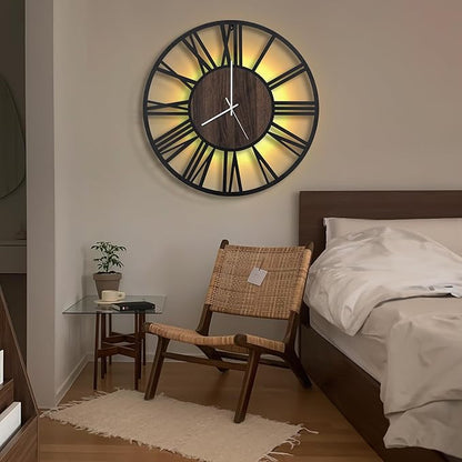 LEIKE Large LED Wall Clocks,Silent,Non Ticking,Battery Operated Rustic Round Modern Big Wood Wall Clock for Living Room, Bedroom,Kitchen,Farmhouse,Office,Home Decor -24" Black,LED,Roman Number