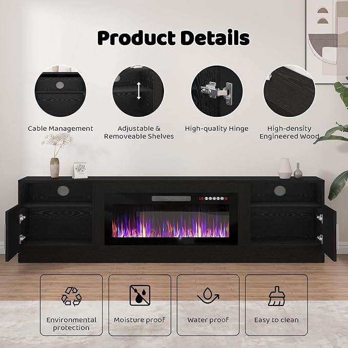 LEMBERI 80 Inch Fireplace TV Stand for TVs up to 90", 36" Electric Fireplace Entertainment Center with 20-Color LED, 300lbs Max Capacity Modern Wood Media Console Cabinet, Black