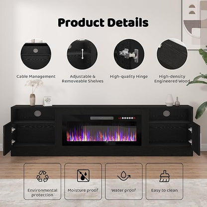 LEMBERI 80 Inch Fireplace TV Stand for TVs up to 90", 36" Electric Fireplace Entertainment Center with 20-Color LED, 300lbs Max Capacity Modern Wood Media Console Cabinet, Black