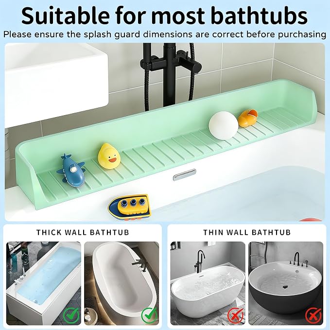 Splash Guard for Bathtub,Silicone Bathtub Splash Guard with Strong Suction Cups, Toy Tray Caddy Holder Storage Over Tub, Prevent Water Splashing in The Bathroom(2.62-FT Green)