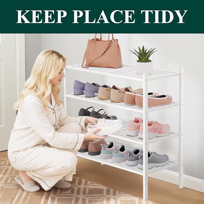 Smiry Bamboo Shoe Rack 4-Tier, Stackable Wooden Shoe Organizer for Entryway & Closet, Free Standing Wood Shoe Storage Shelf for Front Door & Small Spaces, White