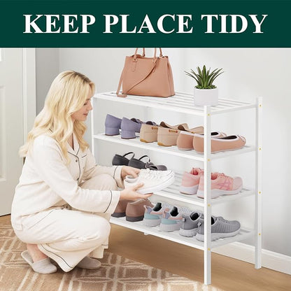 Smiry Bamboo Shoe Rack 4-Tier, Stackable Wooden Shoe Organizer for Entryway & Closet, Free Standing Wood Shoe Storage Shelf for Front Door & Small Spaces, White
