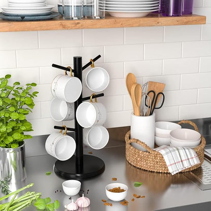 Wisuce Black Coffee Mug Tree, Updated Thick Bamboo Mug Holder Base,Coffee Cup Stand Mug Holders with 6 Hooks for Countertop Cup Rack Organizer Stand (Black)