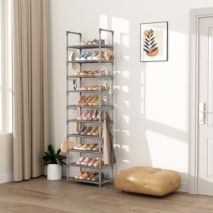 VTRIN 10 Tiers Tall Shoe Rack Holds 20-25 Pairs of Shoes Sturdy Vertical Shoe Organizer with 18pcs Hooks Stackable Narrow Shoe Rack for Closet, Entryway Grey