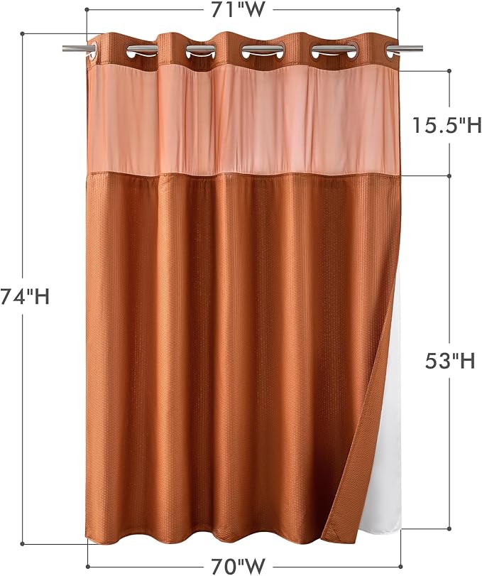 Mrs Awesome No Hook Shower Curtain with Snap-in Liner, Embossed Waffle Design Fabric Shower Curtain for Bathroom, Soft & Lightweight, 71x74, Taerracotta