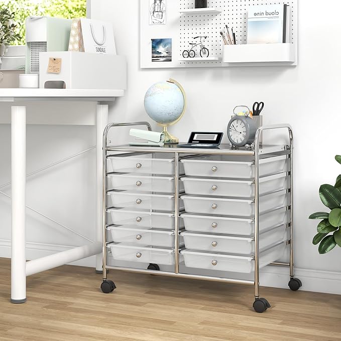 GOFLAME 12-Drawer Rolling Storage Cart, Multifunctional Art Craft Organizer Cart, Mobile Utility Storage Cart with Removable Drawers & Lockable Wheels, Craft Cart for Home Office School, Clear