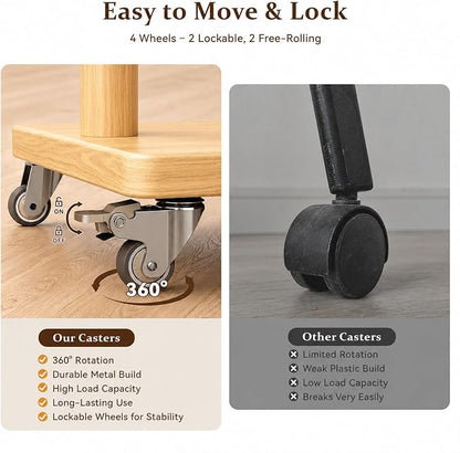 Taitiy Coat Rack Freestanding Clothing Rack with Wheels & 2 Shelves Storage & 5 Hooks Heavy Duty Clothes Rack Wood Coat Tree Stand Hat Hanger Rack for Corner Bedroom Entryway Living Room Hotel Size L