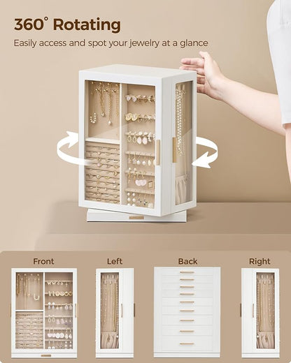 Glimmloop 360° Rotating Jewelry Box with 9 Drawers, Spacious Vertical Jewelry Organizer with Glass Window, Jewelry Storage Case, Dustproof & Moisture-resistant Design, White
