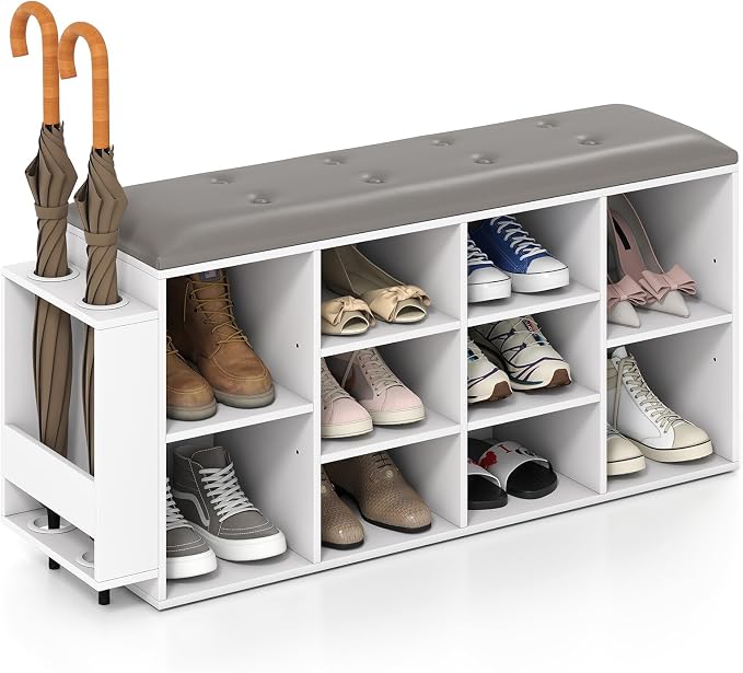 Tangkula Shoe Storage Bench with Umbrella Stand, 10-Cube Entryway Bench with Adjustable Shelf & Padded Cushion, Cubby Shoe Rack Organizer for Bedroom & Checkroom, Rustic Brown & Black (White)