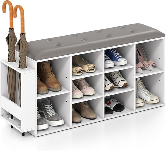 Tangkula Shoe Storage Bench with Umbrella Stand, 10-Cube Entryway Bench with Adjustable Shelf & Padded Cushion, Cubby Shoe Rack Organizer for Bedroom & Checkroom, Rustic Brown & Black (White)