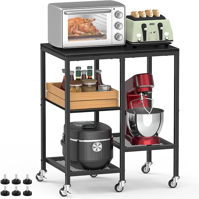 OGEMXU Kitchen Microwave Cart,Microwave Stand with Wheels,Coffee Bar Table Station,4-Tier Rolling Baker's Rack,Small Appliance Storage Shelf,Utility Side Table for Kitchen,Living Room (Black)