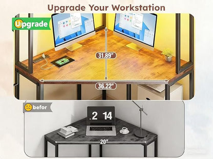 Corner Desk,35.4" W x 63" H Office Desk and Computer Desk with Hutch & LED Lights，Gaming Desk with Storage Drawers & Shelves and Hook for Small Space,Rustic Brown