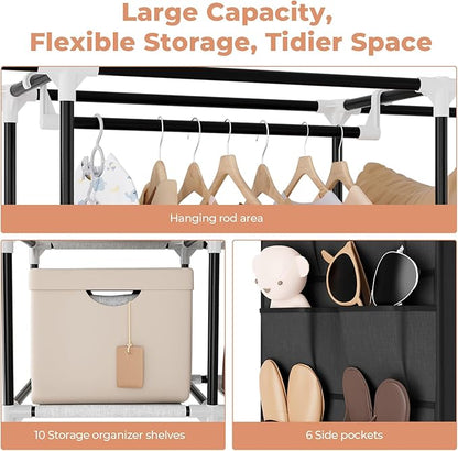 VTRIN Portable Closet Wardrobe for Hanging Clothes 57.3 Inch Large Capacity Clothes Rack with Cover, 10 Storage Organizer Shelves, 1 Hanging Rods and 6 Pockets, Free Standing Closet for Bedroom, Black