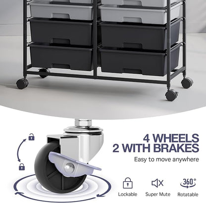 Rolling Storage Cart with 12 Drawers, Wooden Tabletop Utility Cart for Craft Storage, Art Supply Storage & Home Office Organization, Teacher Cart with Wheels for Classroom Organization, School (Grey)